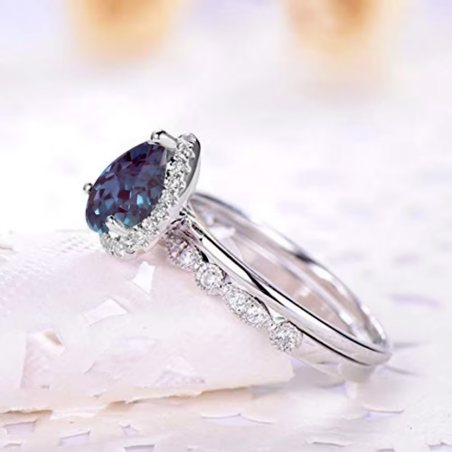 Pear Cut Alexandrite Women's Wedding Anniversary Ring Set 14K White Gold Plated - Picture 4 of 5