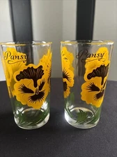 50s 60s MCM Boscul Peanut Butter Flower Drinking Glass 5" PANSY x 2 Yellow