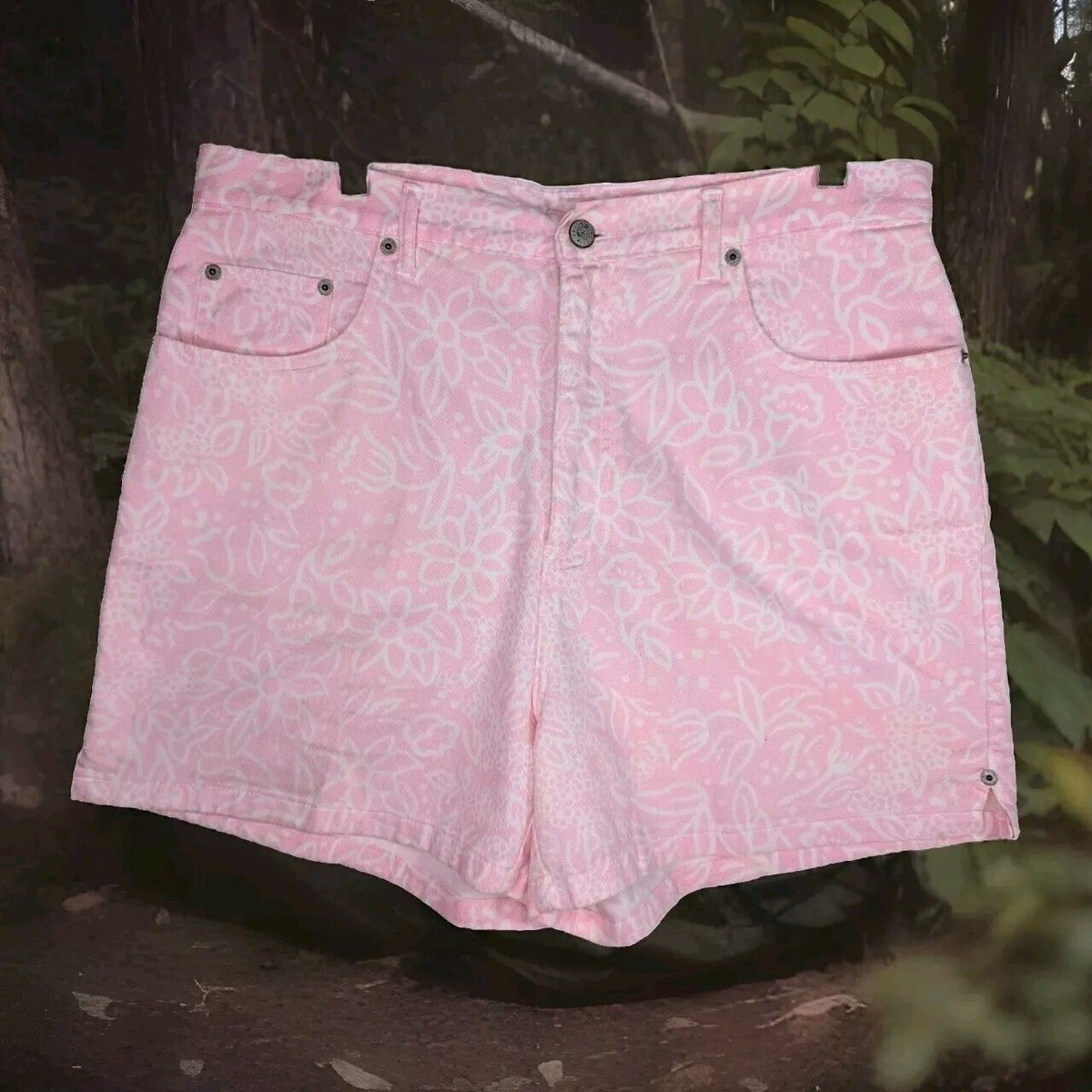 Vintage Pink Floral Shorts 14 High Waisted White Cotton Mom Jeans