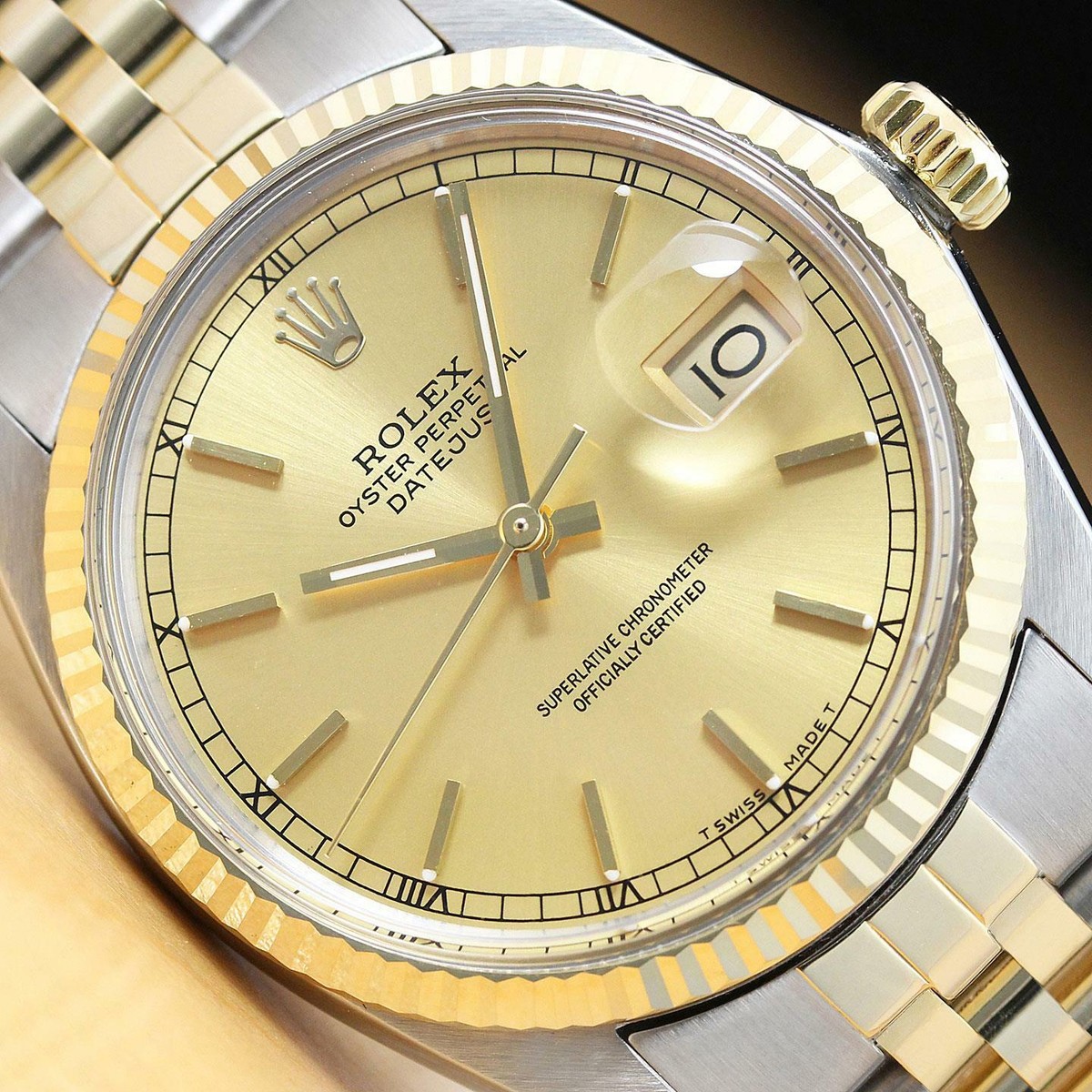 AUTHENTIC MENS ROLEX DATEJUST TWO TONE 18K YELLOW GOLD & STEEL