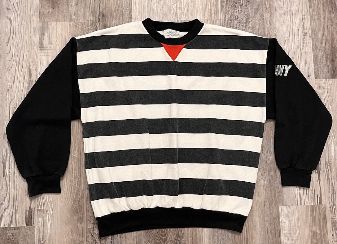 Felpa girocollo vintage a righe pony taglia grande bianca e nera