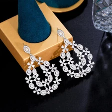 Silver Plated Double Layer Cubic Zircon Flower Long Drop Wedding Bridal Earrings
