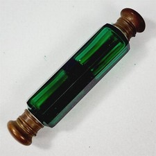 Vintage Victorian Green Glass Perfume Bottle Double Copper End Caps 10 Sided