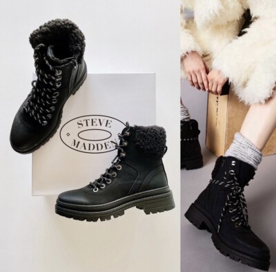  New STEVE MADDEN Keystone Faux Fur Faux Leather Lace Up Boots Black Size 7.5M