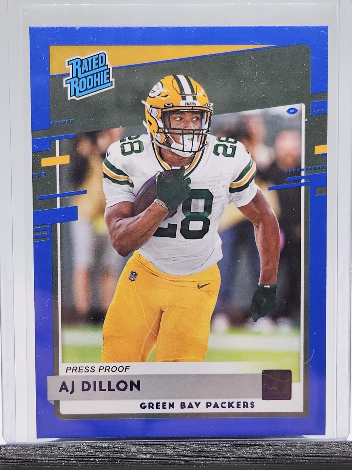 AJ Dillon Packers 2020 Panini Donruss Rated Rookie Blue Press Proof Card No. 324