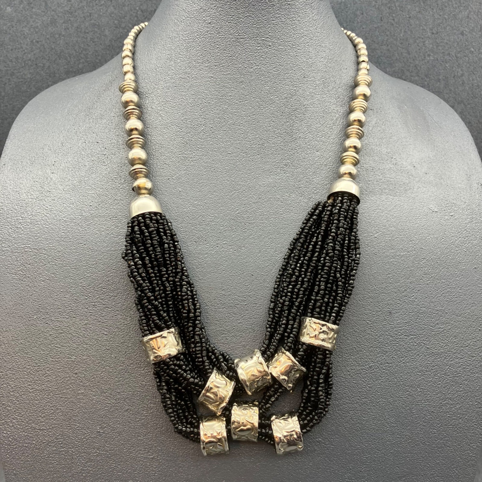 Statement Necklace Chunky Silver Black Multistran… - image 1