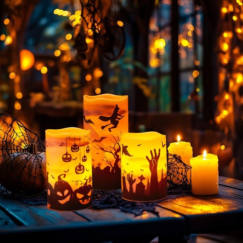 Halloween LED Candles Set of 3 - Flickering Flameless Pillar Candles with Timer - Picture 5 of 6
