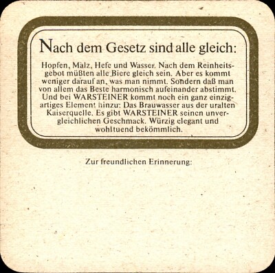 Beer mat - Warsteiner - by law all are equal