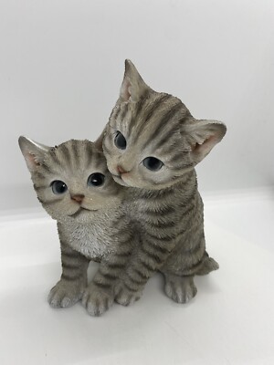 Grey Tabby Cats Cuddling Kitten Statue Ornament Figurine Home Decor Money Box