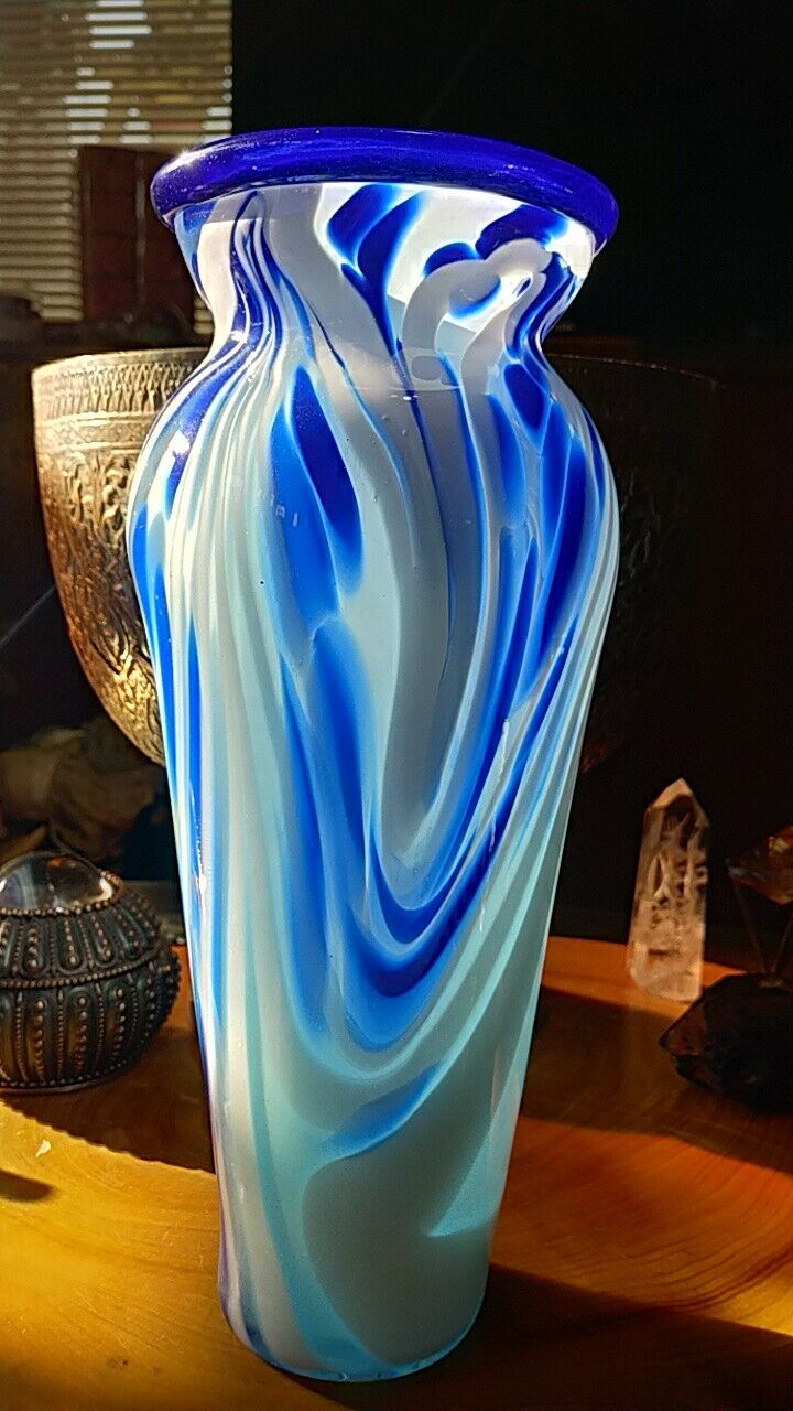 2018 Signed studio art glass Vase. Fused blue, white. T. Kgrgiakes