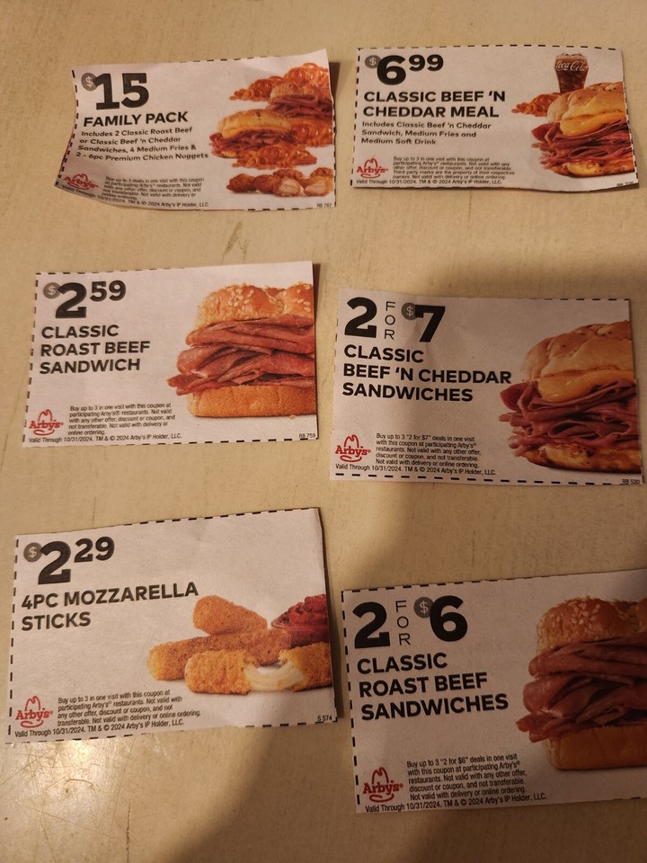 1 Sheet of New Arby's C0upons (15 total) expire 10/31/2024 (see images