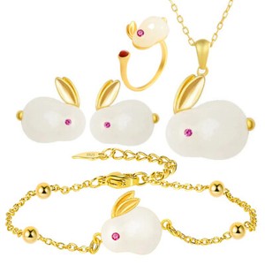 Authentic 18K Gold Plated Women Jewelry Set Jade Rabbit Bracelet Necklace Earrings Rings