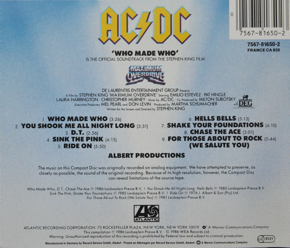 CD AC / DC – „WHO MADE WHO“  NEU  ATLANTIC Records - Bild 2 von 2