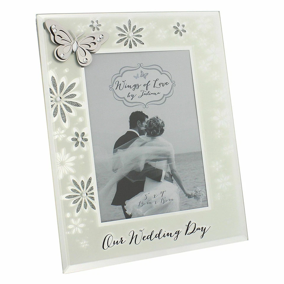 Cadre photo jour mariage paillettes Juliana Wings of Love papillon verre 5" x 7" - Photo 1/1