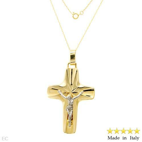 Italy 14K Two Tone Gold Delightful Men's Crucifix Cross Necklace 12.3