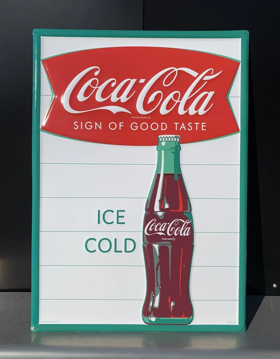 Coca-Cola Metal Sign Soda Ice Cold Fishtail Bottle Vintage Style
