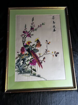 Vntg Framed Japanese Embroidery Birds Of Paradise w/ Cherry