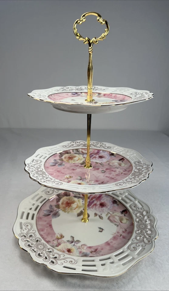 Maison Blanc Tea Time 3-Tier Rosette Floral Server Porcelain Tray Gold Tone EUC - Image 2 of 4
