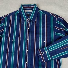 Vintage Wrangler Brushpopper Shirt Mens Medium Blue Colorful Striped Pearl Snap