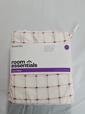 Room Essentials Ivory w/ Pink Grid Pattern Brushed Microfiber XL Twin Sheet Set