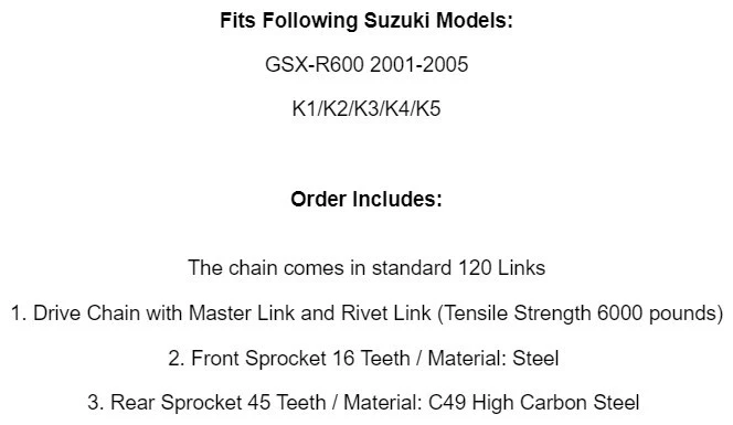 Kit de cadena de transmisión y piñones para Suzuki GSX-R600 GSXR600 2001 2002 2003-2005 Foto 2 de 4