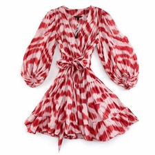 Banana Republic Red White Ikat Tiered Wrap Midi Dress Balloon Sleeve