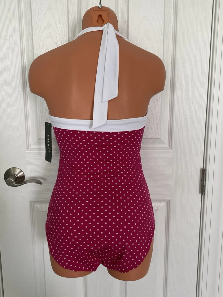 Lauren Ralph Lauren Hot Pink Polka Dot 1 Pce Halter Swimsuit Size 8 NWT - Image 2 of 4