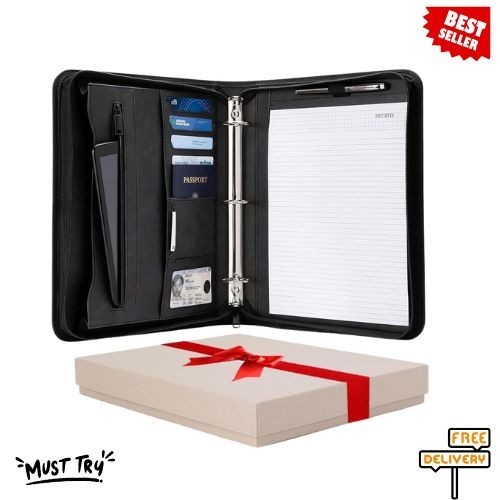 NEW Portfolio Organizer 3 Ring Binder 1.5 Inch Zippered Pockets Notepad Black