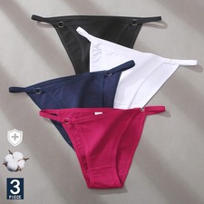 Cotton Panties Low Rise Solid Metal Detail Breathable Women's Underwear 3 Pcs