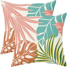 Tropical Pillow Covers 18x18 Set of 2 Summer Coral Pink Blue Orange Palm Leaf...
