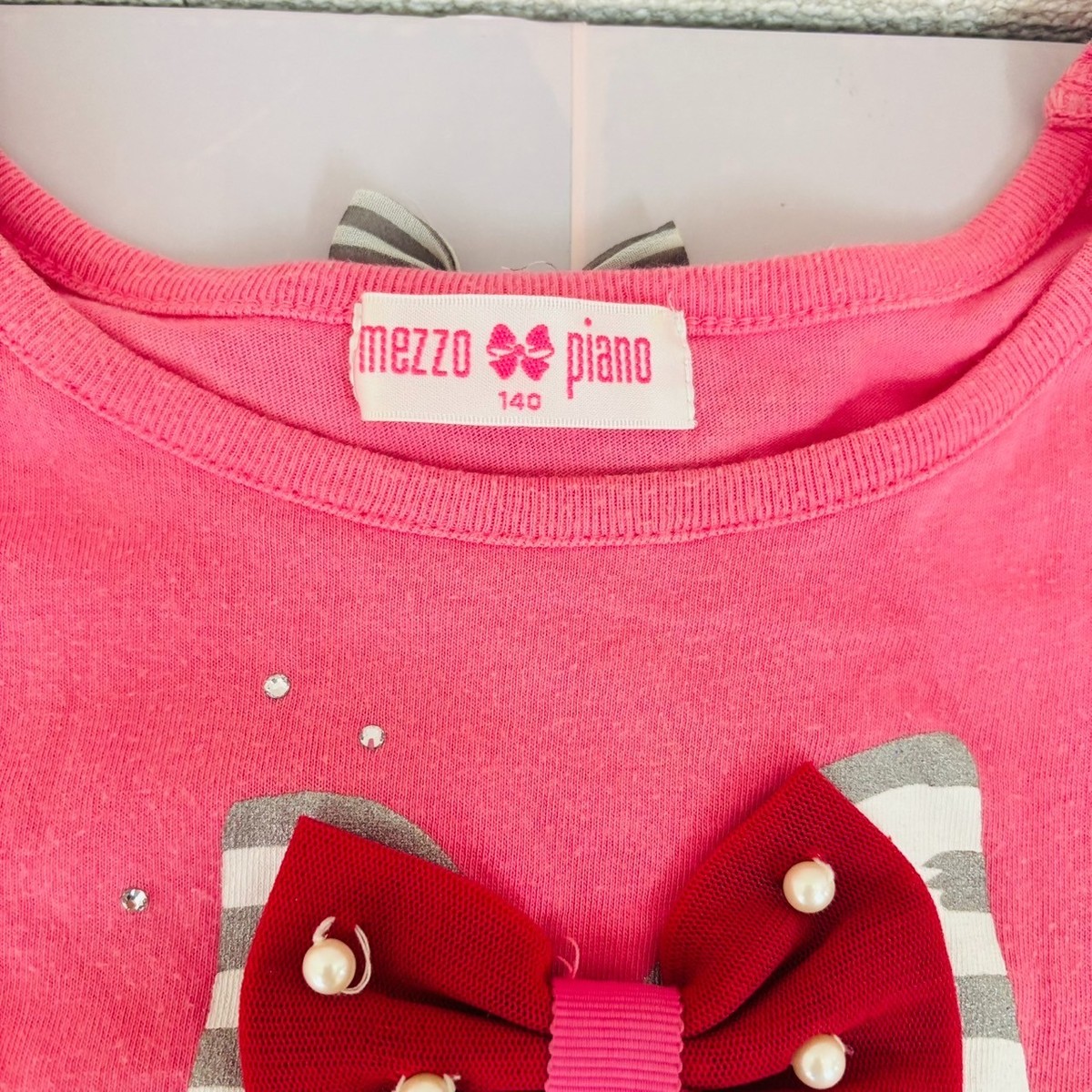 MEZZO PIANO 半袖セット　140 Mezzo Piano Kids One Piece 140cm Pink Ribbon Stripe Short Sleeve