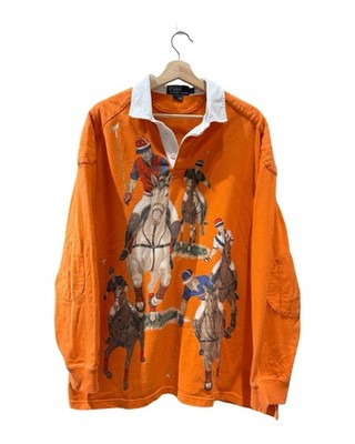Vintage POLO RALPH LAUREN 5 Horseman Equestrian Rugby Polo Shirt Size XL Orange