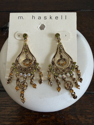 M. Haskell Goldtone Chandelier Dangle Earrings Boho Green Topaz Rhinestone Used