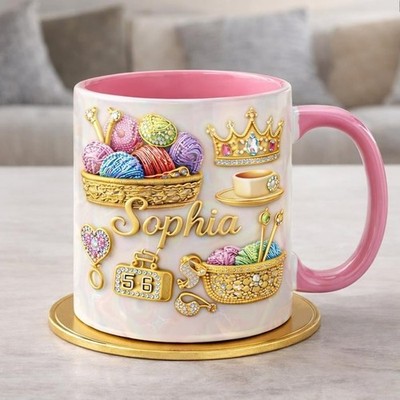 Personalized Knitting Mug, Crochet Lover Coffee Mug, Luxury Yarn Design Ceramic