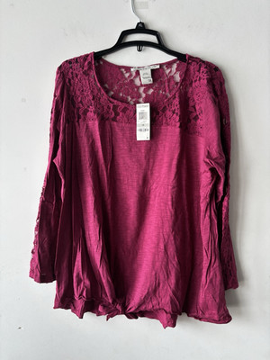 NWT American Rag Top Lace Neck Sleeve Detail Tie Bottom Maroon 1X