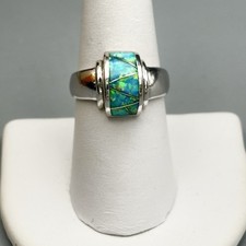 Sterling Silver Lab Opal Inlay Ring 8 Blue Green Southwest Modernist Geometric