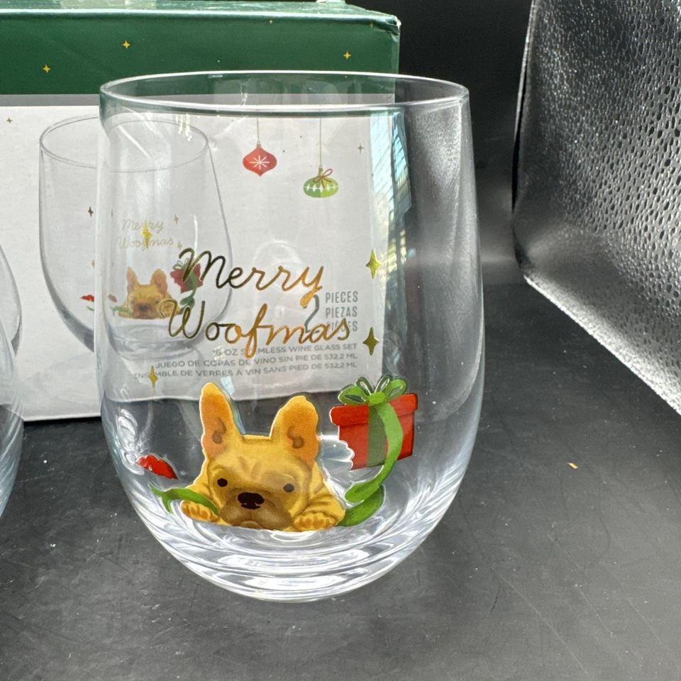 Copas de vino sin tallo de Navidad Cambridge French Bulldog Juego de 2 de 18 fl.oz. Foto 2 de 4