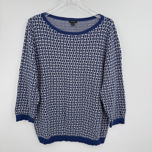 Ann Taylor maglione donna XXL pullover maglia costina stampa geometrica blu bianco NUOVO - Foto 7 di 7