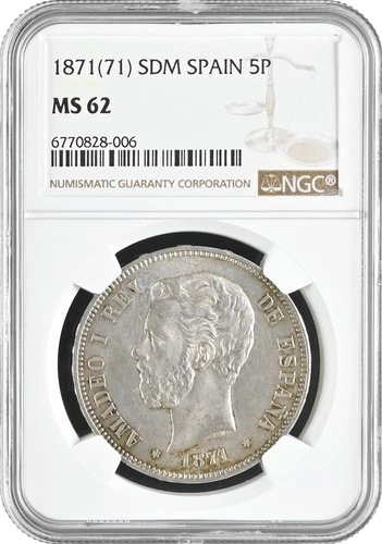 Spain 5 pesetas 1871 (71) SDM, NGC MS62, "King Alfonso XII (1874 - 1885)"