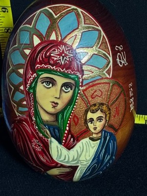 VTG Russian Orthodox Wooden Easter Egg Hand-Painted Madonna & Child Collectible
