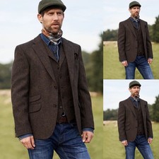 Herringbone Brown Men's Suits Vintage 2Pcs Casual Jacket Vest Tweed Winter Coat