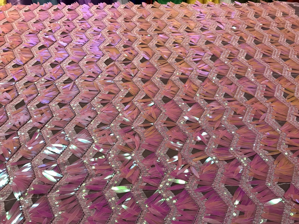 PINK IRIDESCENT CHEVRON DESIGN SEQUINS ON A PINK MESH-SOLD BY THE YARD. - Image 3 of 4
