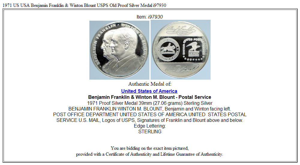 1971 US USA Benjamin Franklin & Winton Blount USPS Old Proof 1971 US USA Benjamin Franklin & Winton Blount USPS Old Proof