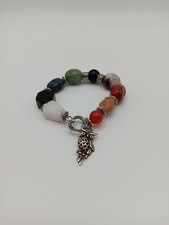 Semiprecious stone stretchy bracelet with owl charm