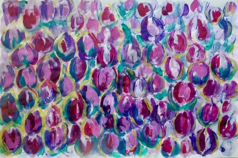 Original Bild Gemäld TULPENFELD Acryl Papier Unikat Kunst Art Blumen Niederlande