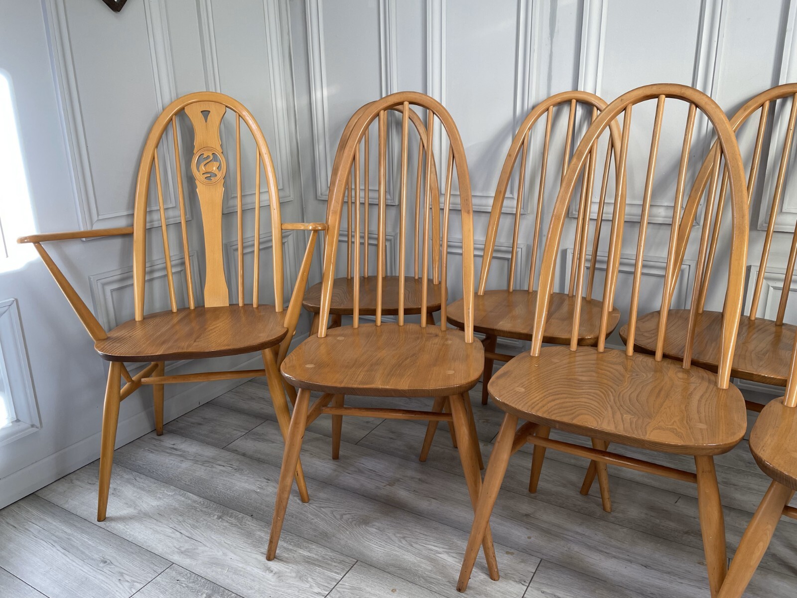 Set Of Eight Vintage Ercol Quaker Dining Chairs Including Two Swan Back