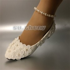 su.cheny ivory white lace pearl anklet Wedding Bridal wedge flats heels shoes