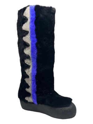 Bally Chiora 6228435 Women's Black/Blue Fur Boots MSRP $1208