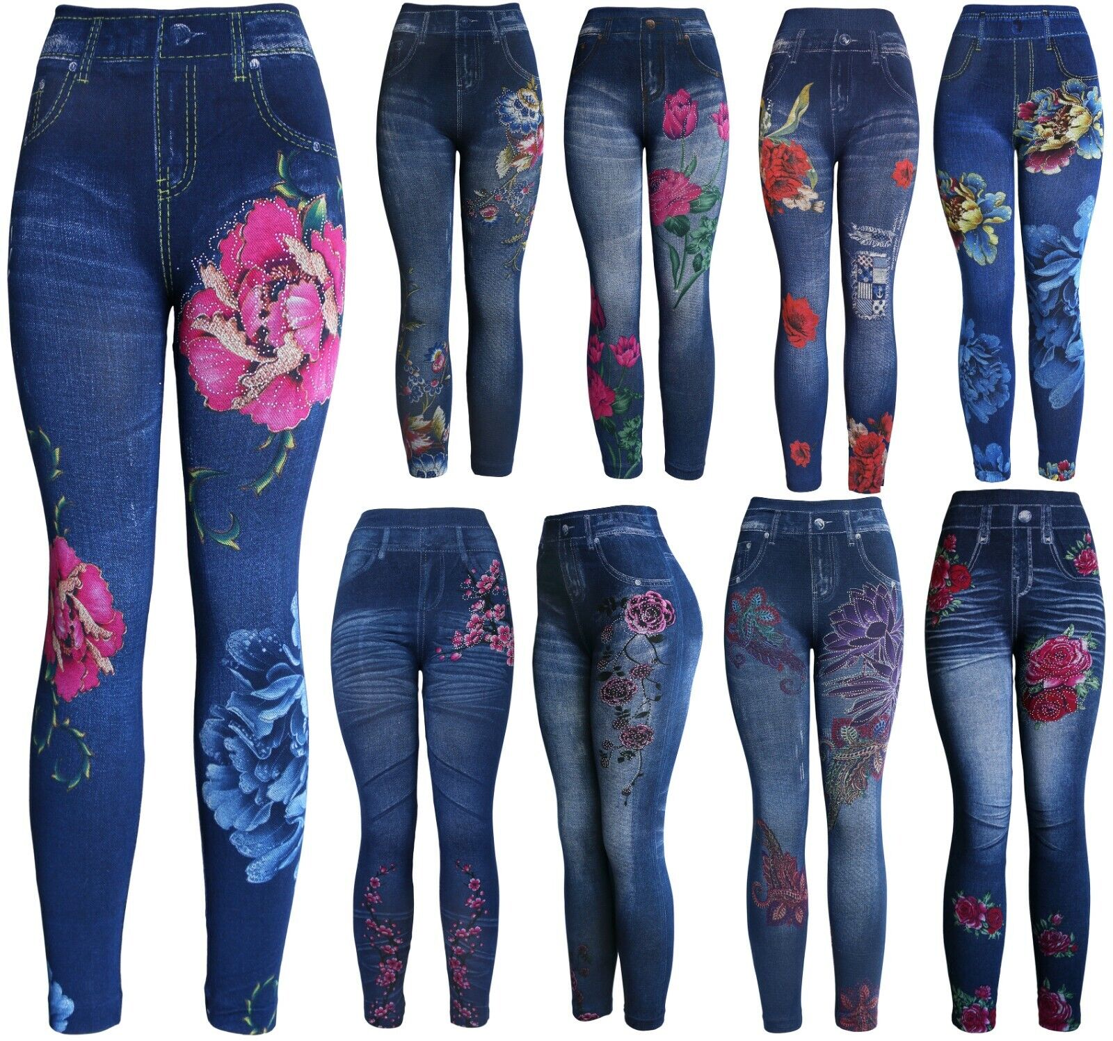 Waist Women&#039;s Denim Print Faux Jeans Leggings Pants |