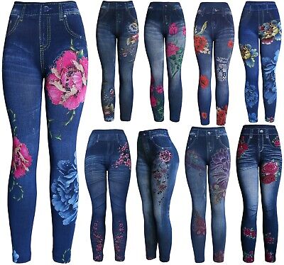 High Waist Women's Denim Print Fake Faux Jeans Leggings Pants | eBay